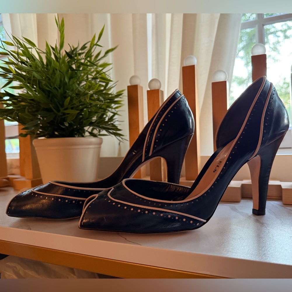 Head Over Heels London - Deep Blue Leather Wing-Tip, Squared Open Toe, D’Orsay - Picture 10 of 15